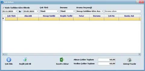 Veresiye Defteri — Çek Defteri ekranı